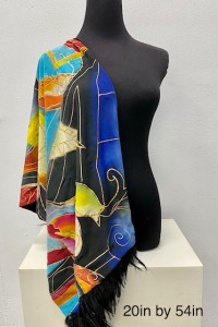 an Abstract Silk scarf with Black velvet backing with feather fringe